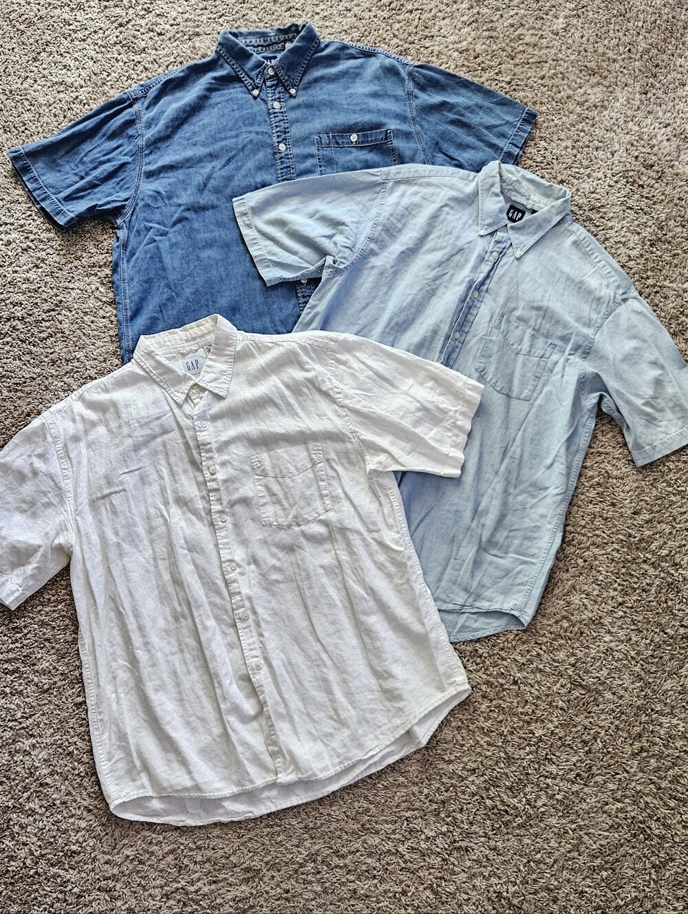 Gap Men's Short Sleeve Button-Up Shirt White Light Blue Denim Blue Size XL Vtg